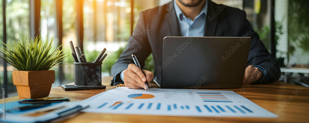 Poster Businessman Analyzing Financial Data on Laptop with Charts and Graphs - Realistic Image