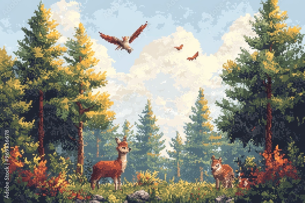 Poster pixelated 8-bit forest scene with animals on clear background for copy space