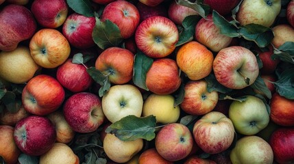 A pile of freshly harvested apples with a mix of colors, ready to be enjoyed as a healthy snack.