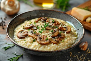 Fototapeta premium A bowl of creamy Italian risotto with mushrooms and Parmesan