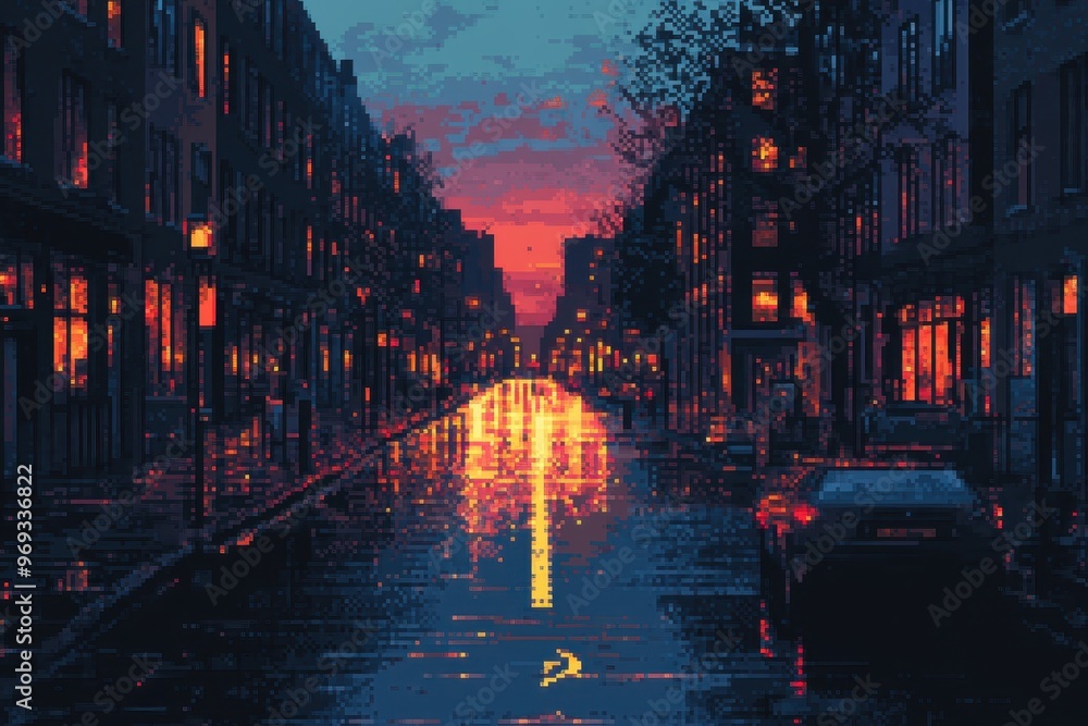 Poster retro 16-bit pixelated city street background with empty road for text - vintage video game style ur