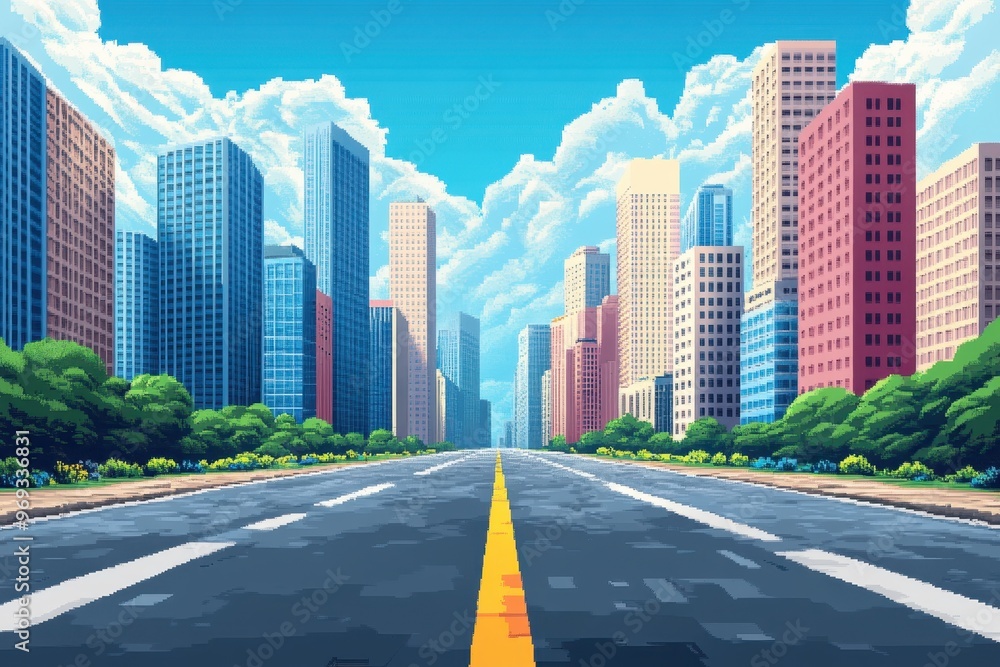 Poster retro 16-bit pixelated urban landscape with empty street for text overlay