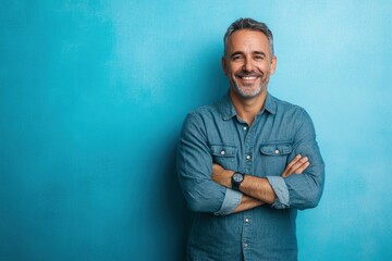 Fototapeta premium Self-assured attractive middle-aged man standing with folded arms smiling at the camera over a blue studio background with copy space with generative ai