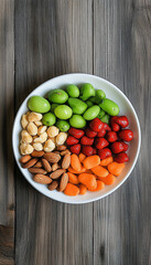 Colorful assortment of fresh fruits and nuts arranged in a bowl on a wooden surface, perfect for healthy eating concepts.