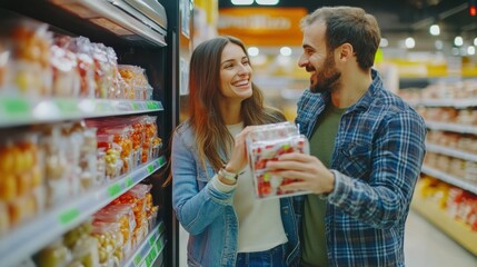 Couple enjoying shopping together in a grocery store aisle