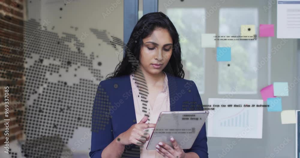 Poster Animation of financial data processing over biracial businesswoman using tablet in office