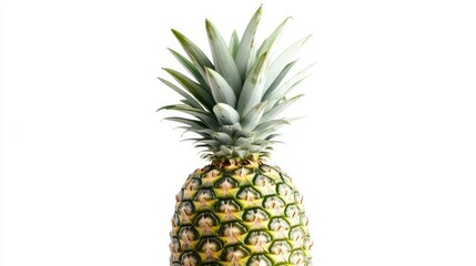 A whole pineapple with its spiky green top, isolated on a white background, symbolizing tropical freshness.