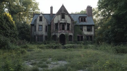Fototapeta premium Abandoned mansion with boarded-up windows and overgrown gardens, evoking a sense of mystery.