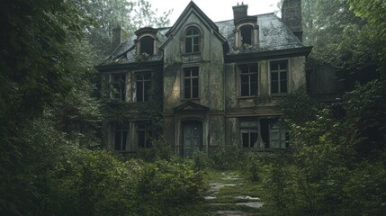 Obraz premium Abandoned mansion with boarded-up windows and overgrown gardens, evoking a sense of mystery.