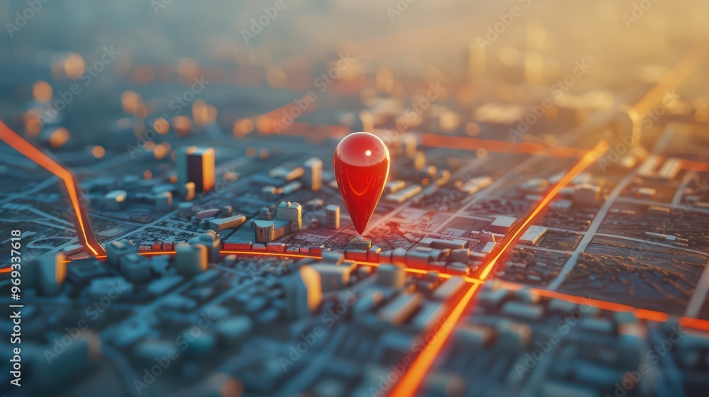 Poster a vibrant city map showcasing a red location pin, symbolizing navigation and discovery in urban envi