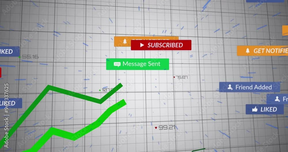 Poster animation of social media icons with texts over data processing on white background