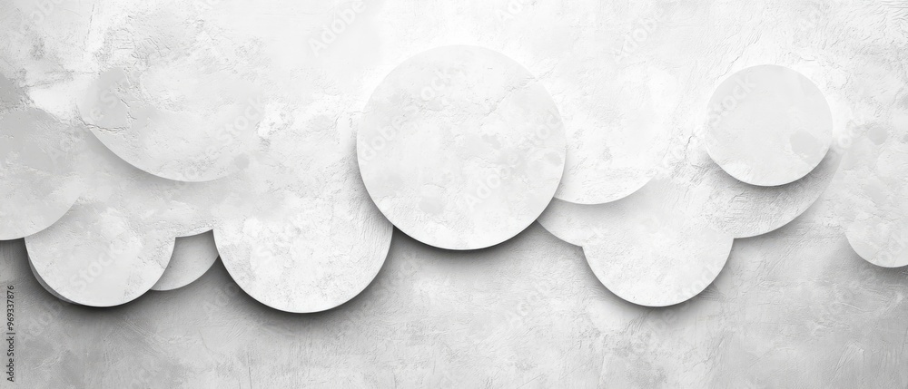 Poster abstract design featuring overlapping white circles on a textured gray background.