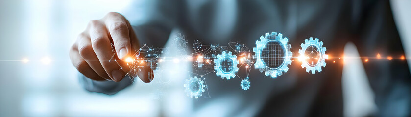 Illustration - Businessman Connecting Digital Gears, Representing Technology, Innovation, and Industry 4.0