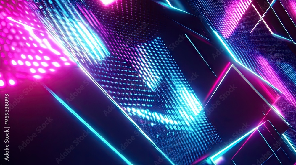 Poster abstract digital patterns with a futuristic feel, featuring neon colors and sharp lines.