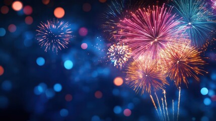 celebratory fireworks display against night sky vibrant bursts of color illuminate dark background festive atmosphere conveyed through dynamic composition