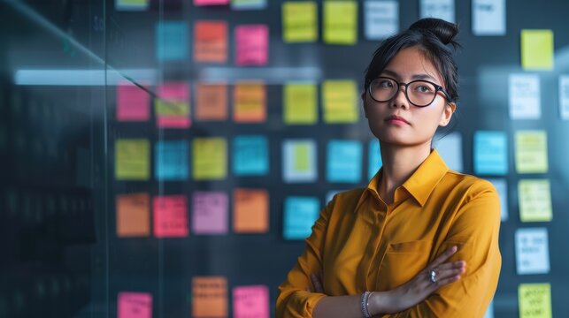 A focused woman in glasses and a yellow shirt stands with arms crossed, brainstorming in front of a glass board filled with colorful sticky notes. The office environment is modern and creative.
