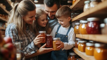 Family enjoying homemade preserves at a local market on a sunny day