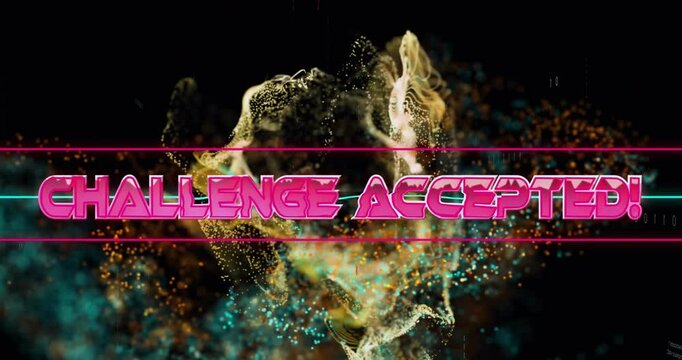 Animation of challenge accepted text over data processing and light spots on black background