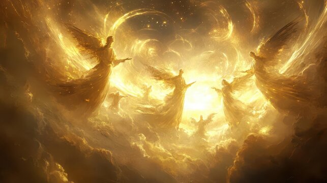 celestial choir of angels ethereal beings with flowing robes and shimmering wings singing amidst swirling cosmic clouds golden light radiating from center