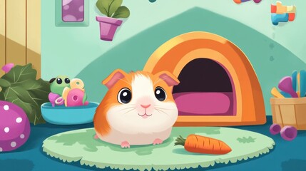 Obraz premium A cartoon guinea pig munching on a carrot inside a cozy home, surrounded by soft bedding and colorful toys.