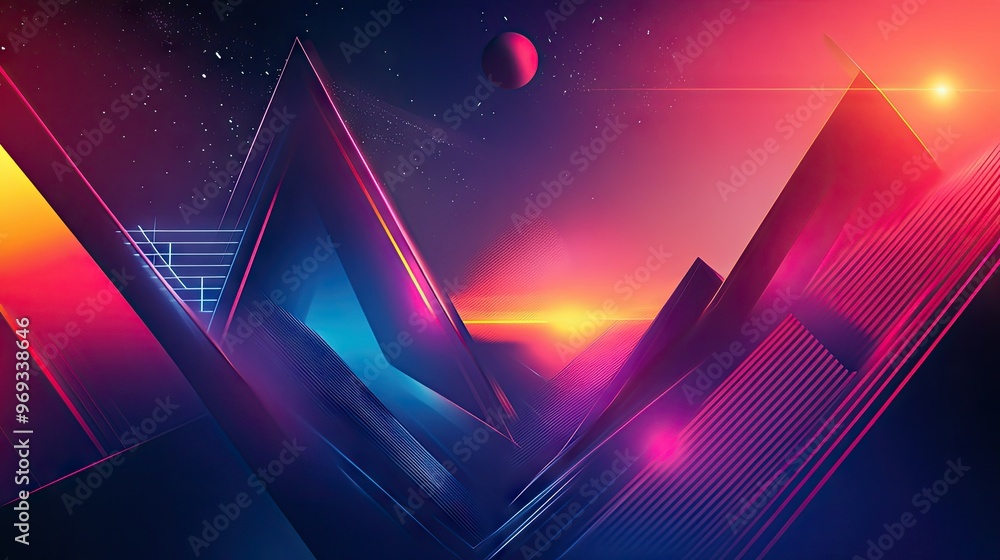 Poster abstract geometric shapes with a futuristic feel, featuring sharp lines and neon colors.