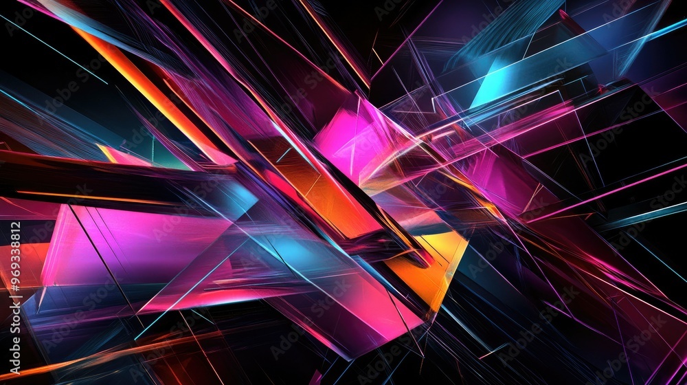 Poster abstract geometric shapes with a futuristic feel, featuring sharp lines and neon colors.