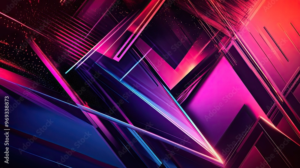 Poster abstract geometric shapes with a futuristic feel, featuring sharp lines and neon colors.