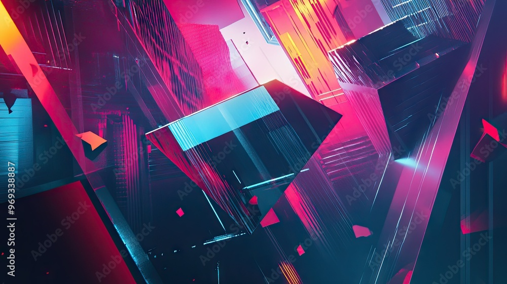 Poster abstract geometric shapes with a futuristic feel, featuring sharp lines and neon colors.