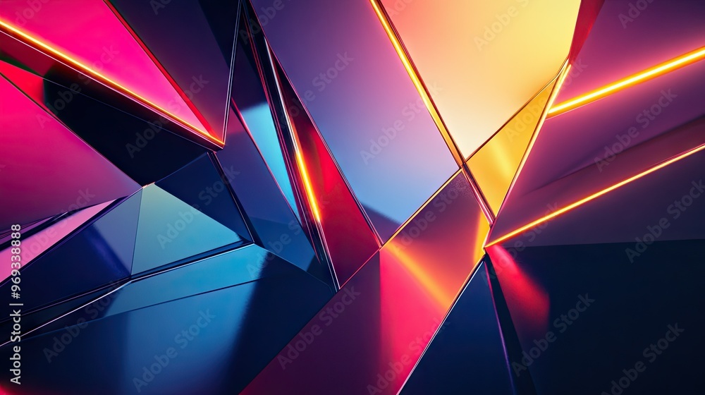 Poster abstract geometric shapes with a futuristic feel, featuring sharp lines and neon colors.