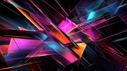 Abstract geometric shapes with a futuristic feel, featuring sharp lines and neon colors.
