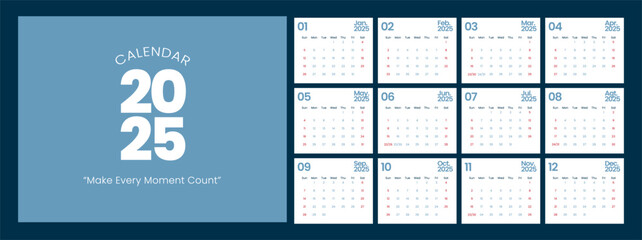 Calendar 2025 starts from Sunday. Minimalist, Clean, Simple and Modern Design. 12 pages Calendar