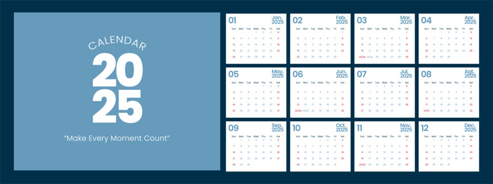 Calendar 2025 starts from Sunday. Minimalist, Clean, Simple and Modern Design. 12 pages Calendar