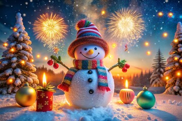 Festive scene featuring a smiling snowman with a striped hat and scarf surrounded by lit candles beautiful ornaments and fireworks in a snowy winter wonderland celebrating