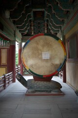 Traditional Korean drum on turtle base inside temple