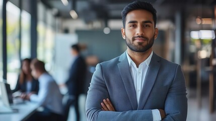 Fototapeta premium charismatic asian indian businessman in sharp suit standing confidently in modern office blurred diverse team working in background corporate success and leadership concept