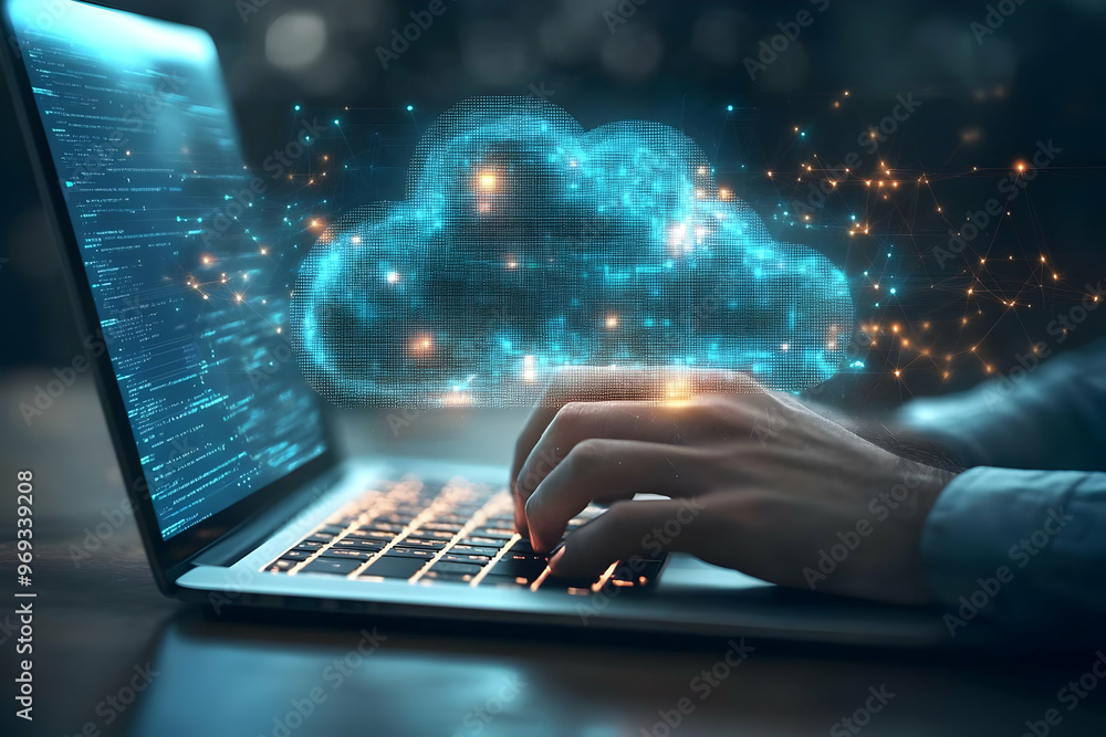 Poster cloud computing illustration: digital business transformation with data storage