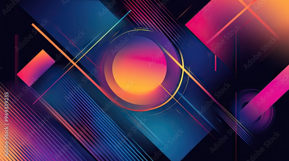 Poster abstract geometric shapes with vibrant colors, creating a dynamic and energetic background.