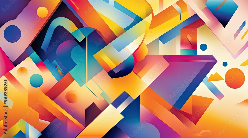 Poster abstract geometric shapes with vibrant colors, creating a dynamic and energetic background.