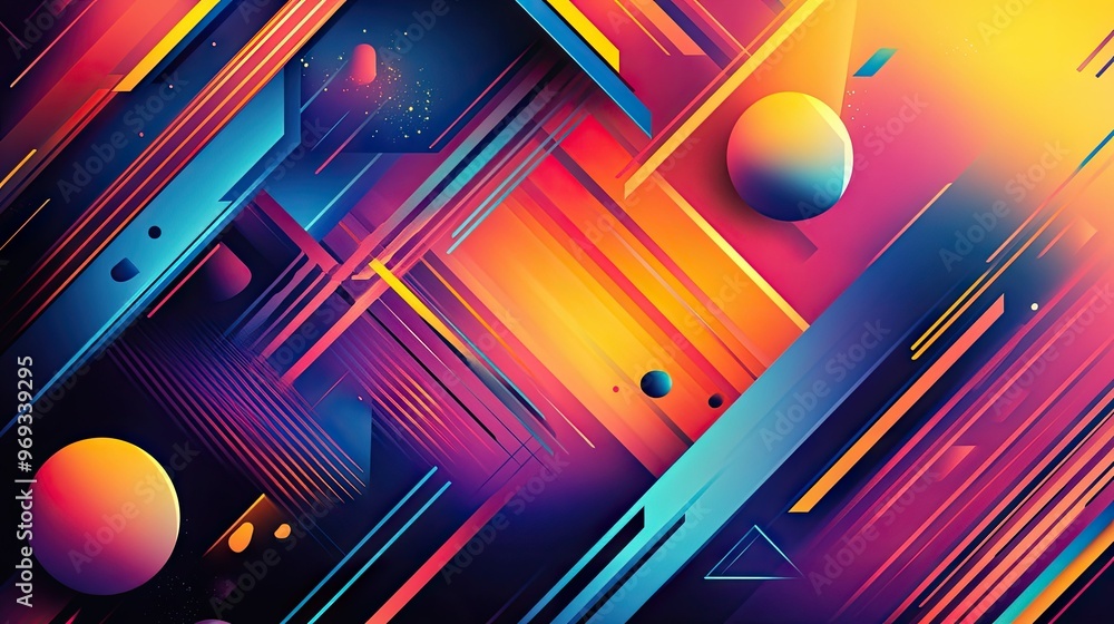 Poster abstract geometric shapes with vibrant colors, creating a dynamic and energetic background.