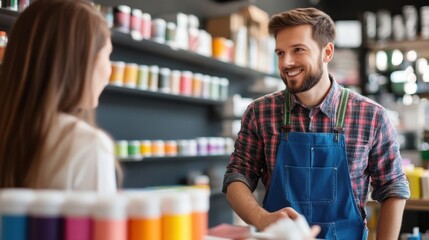 Young shop assistant helps customer in a colorful art supply store