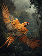 Colorful Macaw Flying Through the Lush Amazon Canopy

