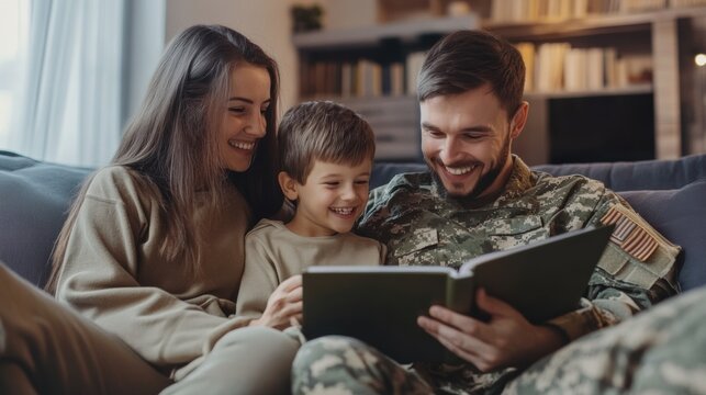 Soldier returns home, reads with son in cozy living room