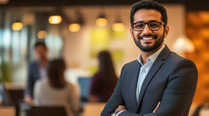 Fototapeta premium charismatic corporate leader handsome indian businessman in sharp suit confident smile modern office backdrop with diverse team warm lighting emphasizes approachability and success