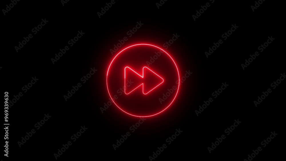 Poster elegant animation of a neon glowing backward button with radiant light and smooth animation.