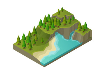 Isometric river with pines forest.