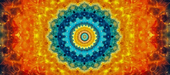 A vibrant mandala tapestry with intricate patterns in shades of orange, yellow, blue, and green.