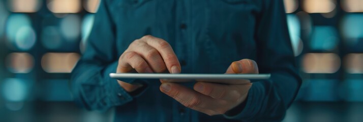 Close-up of a technician holding a tablet while managing data center servers. Colorful LED lights illuminate the server racks.