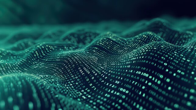 Abstract representation of data waves with binary code, symbolizing technology and digital transformation in a modern context.