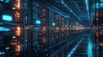 A data center filled with servers running encrypted blockchain processes
