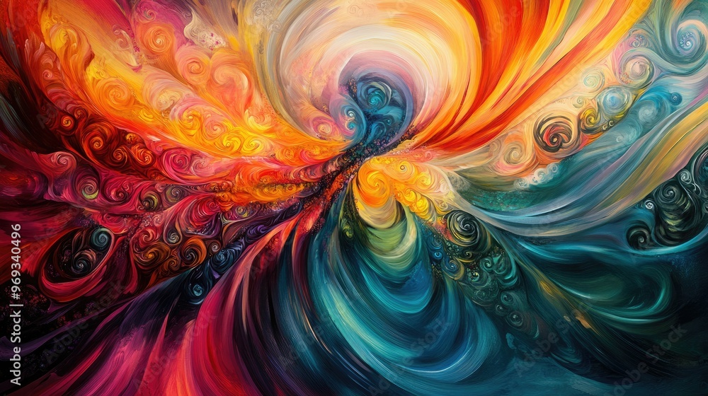 Poster abstract swirling patterns with vibrant colors, creating a sense of movement and energy.